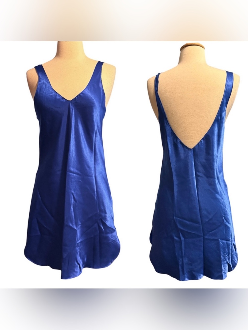 Vintage Slinky Slip Dress by Val Mode Lingerie Deep V Back, Cobalt Blue, Small